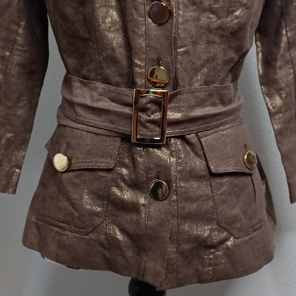 NWT Cache Mob Wife Sz S Metallic Gold Button Front Belted Linen Blend Jacketed. - Picture 6 of 15